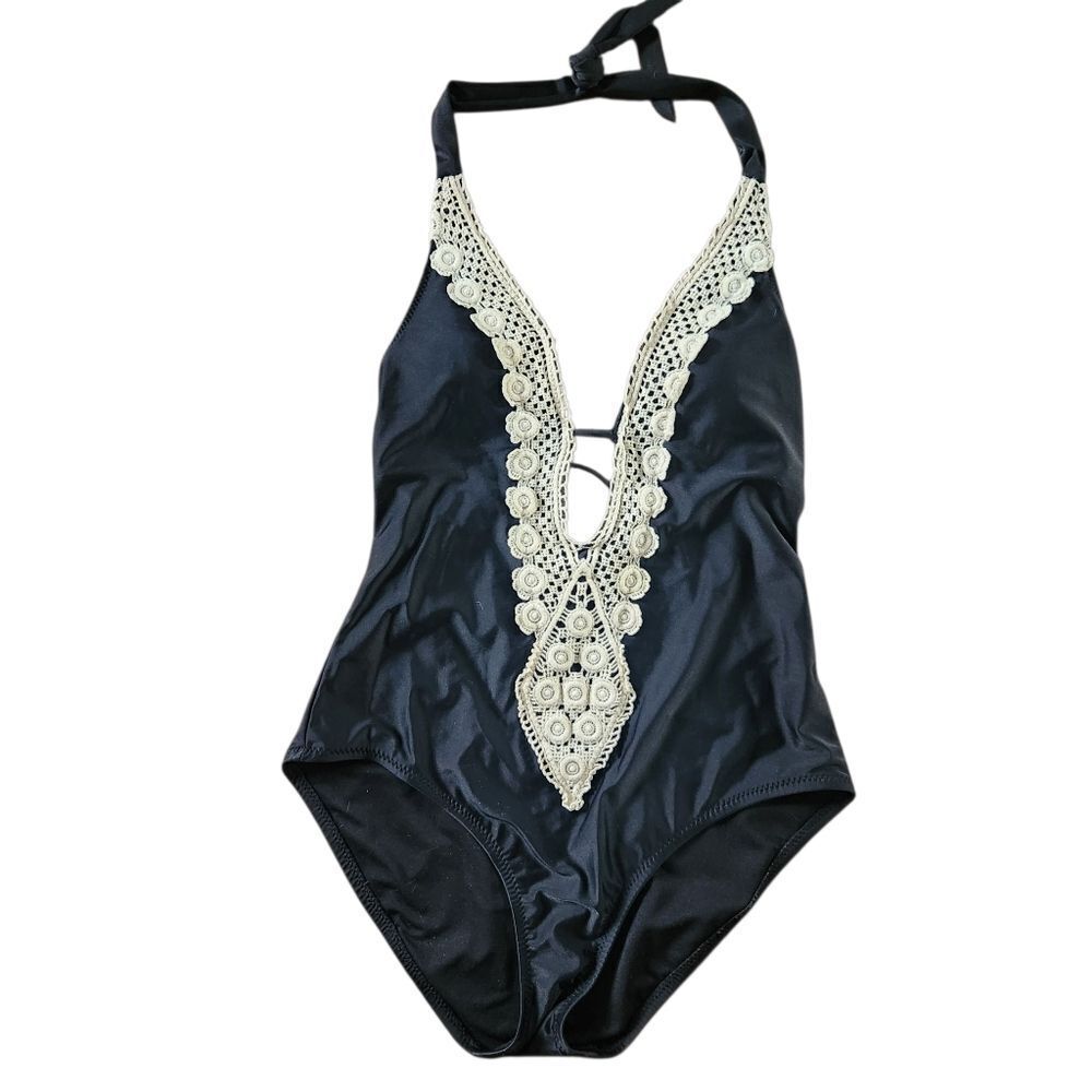 Kona Sol Swimsuit Size Medium Black with Cream Cotton Lace Plunge One Piece
